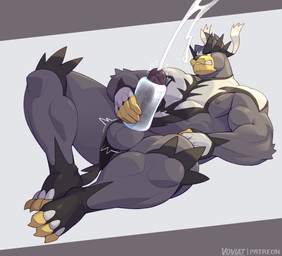 3_toes 5_fingers abs anthro balls big_muscles big_penis black_body black_clothing bodily_fluids bottomwear bottomwear_aside claws clenched_teeth clothed clothing clothing_aside cum cum_in_sex_toy cum_string cumshot ejaculation erection feet fingers genital_fluids genitals hand_on_penis holding_object holding_penetrable_sex_toy holding_sex_toy huge_muscles loincloth loincloth_aside loincloth_only lying male masturbation mostly_nude motion_lines muscular muscular_anthro muscular_male nipples on_back orgasm pecs penetrable_sex_toy penetration penile penile_masturbation penis sex_toy solo spikes spikes_(anatomy) teeth thick_thighs toe_claws toes topless toying_self vein veiny_penis white_body white_clothing yellow_body voviat nintendo pokemon bear generation_8_pokemon legendary_pokemon mammal pokemon_(species) single_strike_style_urshifu urshifu hi_res