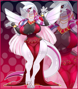 anthro armor big_breasts blonde_hair blue_eyes border braided_hair breasts butt clothing corset dress female gloves hair handwear huge_breasts lingerie long_hair red_border solo topwear white_hair wings revkoen nintendo pokemon generation_4_pokemon legendary_pokemon palkia pokemon_(species) absurd_res hi_res model_sheet