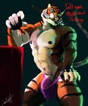 anthro black_body black_fur clothing dialogue fur genitals green_background jockstrap male male_anthro muscular muscular_anthro muscular_male nipples orange_body orange_fur partially_clothed_anthro partially_clothed_male pecs penis simple_background solo striped_body striped_fur stripes tan_body tan_fur text underwear undressing undressing_self saudax7 epic_games fortnite oscar_(fortnite) felid mammal pantherine tiger english_text hi_res