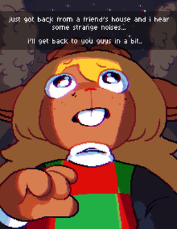 anthro black_bottomwear black_clothing blonde_hair bottomwear brown_body brown_fur checkered checkered_clothing checkered_topwear clothing female forest forest_background freckles fur hair horn long_hair nature nature_background night pattern_clothing pattern_topwear plant scared solo text topwear tree asepriterico deltarune undertale_(series) noelle_holiday deer mammal absurd_res english_text hi_res