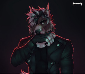 anthro black_hair black_nose brown_body brown_fur cheek_tuft clothed clothing ear_piercing facial_tuft front_view fur green_eyes hair industrial_piercing looking_at_viewer male multicolored_hair muscular muscular_anthro muscular_male narrowed_eyes piercing short_hair simple_background solo tuft two_tone_hair white_body white_fur white_hair acidwuff canid canine mammal 2024 bust_portrait dated hi_res portrait