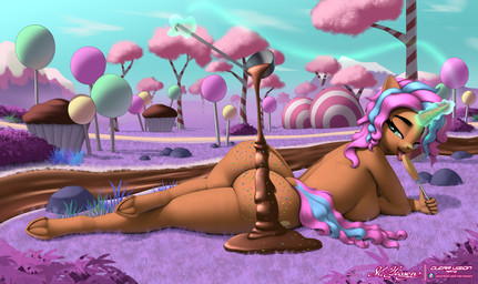 anthro black_eyebrows blue_eyes blue_hair blue_tail brown_body candy candy_tree chocolate chocolate_on_butt creek cupcake dessert eyebrows female food glowing grass hair hooves horn kitchen_utensils ladle levitation licking licking_candy magic multicolored_hair nude plant purple_grass purple_hair purple_tail river solo sprinkles sprinkles_on_butt tail tongue tools two_tone_hair two_tone_tail clearvision candyland hasbro my_little_pony mythology cocoa_candy_(mlp) equid equine mammal mythological_creature mythological_equine unicorn absurd_res hi_res