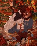 2018 anthro bear brown_body brown_fur canid canine canis christmas christmas_tree clothed clothing detailed_background domestic_dog duo female fully_clothed fur gift hi_res holding_gift holding_object holidays inside male mammal one_eye_closed open_mouth open_smile plant plushie sherwind smile tree white_body white_fur