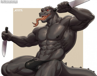 abs anthro balls biceps black_balls black_body black_clothing black_nipples black_penis black_scales black_thong black_underwear bulge clothed clothing dagger dual_wielding erection forked_tongue genitals grey_body grey_scales head_spines holding_knife holding_object holding_weapon jockstrap jockstrap_only knife looking_at_viewer male melee_weapon mostly_nude muscular muscular_anthro muscular_male nipples non-mammal_nipples obliques pecs penis penis_base pupils red_eyes scales sharp_teeth slit_pupils solo tail_spines teeth tenting text thong thong_only tongue tongue_out topless underwear underwear_only weapon amon-sydonai epic_games fortnite patreon thunder_(fortnite) komodo_dragon lizard monitor_lizard reptile scalie artist_name hi_res url