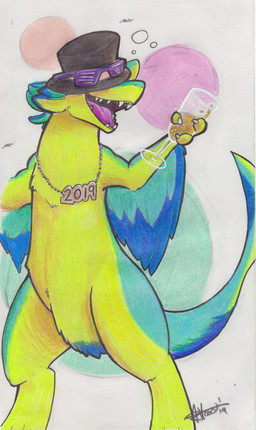 4_ears alcohol anthro beverage blue_body blue_feathers bubble champagne countershading dewclaw digitigrade drunk drunk_bubble feathered_wings feathers female green_body holidays multi_ear solo substance_intoxication winged_arms wings scruffasus new_year luvashi avali avian hi_res