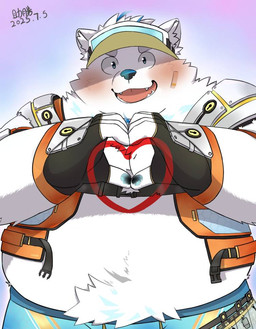 anthro belly blush bottomwear clothing fingerless_gloves fur gesture gloves handwear hat headgear headwear heart_gesture life_jacket male overweight shorts solo swimwear visor_cap white_body white_fur assist_victory lifewonders live_a_hero yohack canid canine canis domestic_dog mammal nordic_sled_dog samoyed spitz