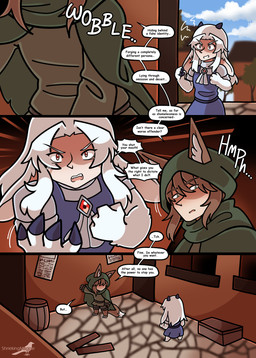 animal_ears brown_hair clawed_hands claws clothed clothing dialogue duo green_eyes hair horn male monster_girl_(genre) open_mouth red_eyes simple_background text white_hair shriekingmagpie horned_humanoid humanoid comic digital_media_(artwork) english_text hi_res