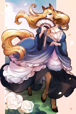 big_breasts blonde_hair blue_eyes breasts brown_body brown_fur clothed clothed_taur clothing dress female flower frilly frilly_clothing fur hair holding_fan hooves horse_ears horse_tail noblewoman outside plant rose_(flower) solo standing taur_clothing hogara european_mythology greek_mythology mythology estelle_bellegarde centaur equid equid_taur humanoid_taur mammal mammal_taur taur 2:3 hi_res