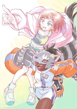 bottomwear clothing dark_body dark_skin duo female hair jacket mask raccoon_tail red_hair sharp_teeth shorts smile teeth topwear bandai_namco digimon digimon_beatbreak reina_sakuya animal_humanoid bearcatmon digimon_(species) human humanoid mammal mammal_humanoid procyonid procyonid_humanoid raccoon_humanoid absurd_res hi_res official_art