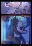 anthro bed blush briefs briefs_only canid canine canis clothed clothing comic comic_panel cuddling digital_drawing_(artwork) digital_media_(artwork) domestic_cat domestic_dog duo embrace embracing_another embracing_from_behind english_text eyes_closed felid feline felis fur furniture hair hi_res hug inside lying lying_on_bed male mammal night on_bed on_side partially_clothed patreon patreon_logo pillow shaded shirt sleeping sleeping_together stampmats tail tank_top text topless topwear underwear underwear_only url