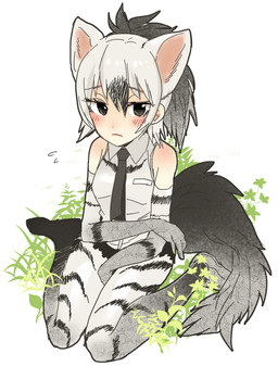 adolescent armwear bare_shoulders biped black_eyes black_hair black_stripes black_tail blush bodily_fluids bottomwear breasts clothed clothing collared_shirt dress_shirt elbow_gloves eyelashes female fluffy fluffy_tail flying_sweatdrops footwear front_view frown gloves gradient_background grass grey_clothing grey_hair grey_tail hair half-closed_eyes handwear human_and_animal_ears humanoid_hands japanese kneeling legwear light_body light_skin looking_away multi_ear multicolored_hair narrowed_eyes necktie pattern_clothing plant ponytail shirt shoes short_hair shorts shy simple_background sitting small_breasts solo stockings striped_clothing stripes sweat sweatdrop tail tan_body tan_skin thigh_highs topwear two_tone_hair two_tone_tail wariza white_background young pasikon kemono_friends aardwolf_(kemono_friends) aardwolf_humanoid animal_humanoid humanoid hyena hyena_humanoid mammal mammal_humanoid 2015 digital_drawing_(artwork) digital_media_(artwork) full-length_portrait light_theme portrait