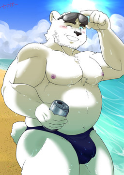 anthro beach belly black_nose bodily_fluids bulge can clothing cloud container eyewear humanoid_hands kemono male moobs musclegut muscular navel nipples one_eye_closed outside overweight overweight_male seaside solo sun sunglasses sweat swimwear water white_body wink tabo_bear bear mammal polar_bear ursine 2023 hi_res