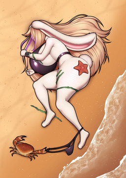 ambiguous_gender anthro beach big_breasts big_butt bikini biped blonde_hair breasts butt clothed clothing detailed_background duo female feral hair huge_breasts huge_butt larger_female outside size_difference smaller_ambiguous smaller_feral swimwear two-piece_swimsuit water white_body nikowhith aquatic arthropod asterozoan crab crustacean decapod echinoderm lagomorph leporid malacostracan mammal rabbit starfish absurd_res hi_res