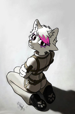 artist_kawasakiwind bondage_gear character_mikhail clothing fur male solo white_body white_fur canid canine fox mammal hi_res