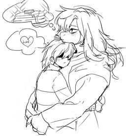 anthro blush blush_lines clothing duo eyeshadow female food freckled_face freckles hair head_on_chest heart_symbol holding_another hug hugging_another jacket larger_anthro larger_female long_hair makeup male male/female pancake pattern_clothing short_hair simple_background size_difference smaller_human smaller_male striped_clothing stripes sweater thought_bubble topwear white_background gimkkanu deltarune undertale undertale_(series) kris_dreemurr susie_(deltarune) dinosaur human mammal prehistoric_species reptile scalie monochrome