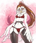 anthro beak breasts brown_hair clothed clothing eyebrows eyelashes eyewear feathers female glasses hair looking_at_viewer non-mammal_breasts red_eyes solo white_body white_feathers gimka may_(crimsir) avian bird 2022 digital_media_(artwork) hi_res