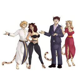 anthro belt big_bulge blonde_hair bottomwear brown_body brown_fur brown_hair bulge clothing collared_shirt dress dress_shirt female footwear fur group hair high_heels huge_bulge hyper hyper_bulge looking_at_another male oversized_bottomwear oversized_clothing oversized_pants pants shirt shoes smile spots suit topwear yellow_body yellow_fur tadano amar_parda lavanya_parda liliana_trujillo raj_parda cheetah cougar felid feline mammal north_american_cougar 1:1 hi_res