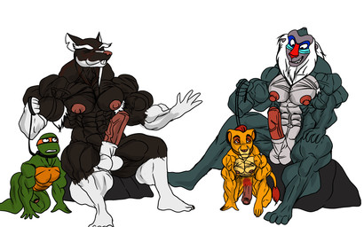 anthro anthrofied armpit_hair balls biped body_hair erection genitals group humanoid_genitalia humanoid_penis male male/male master/slave mature_anthro mature_male muscular muscular_male nipples nude pecs penis size_difference white_balls kumbartha disney teenage_mutant_ninja_turtles teenage_mutant_ninja_turtles_(2012) the_lion_king master_splinter michelangelo_(tmnt) mufasa rafiki brown_rat felid haplorhine lion mammal mandrill monkey murid murine old_world_monkey pantherine primate rat reptile rodent scalie turtle crossover hi_res adopted_(lore) adopted_son_(lore) adoptive_father_(lore)