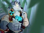 5_fingers abs anthro clothed clothing facial_hair fingers fur grey_body grey_fur hand_wraps humanoid_hands male muscular muscular_anthro muscular_male navel plant solo wraps kemmuono sdorica law_(sdorica) canid canine canis mammal wolf 2019 4:3 hi_res