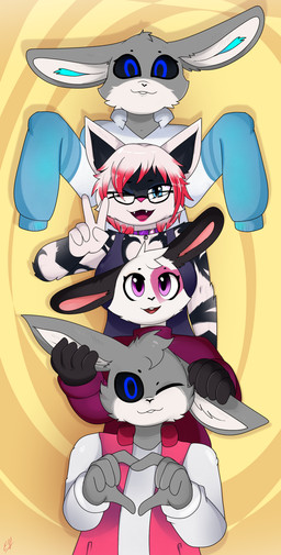 anthro black_body black_fur black_nose blue_eyes breasts buckteeth clothed clothing collar eyewear fangs female fingers fur gesture glasses glowing glowing_eyes hair hand_gesture heart_gesture heart_symbol looking_at_viewer male multicolored_body multicolored_fur pink_eyes red_hair simple_background smile sweater teeth topwear v_sign white_body white_fur e-01 drace_the_rabbit drake_the_rabbit canid canine fox lagomorph leporid mammal rabbit absurd_res digital_media_(artwork) hi_res
