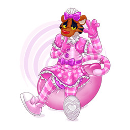 abdl anthro bedroom_eyes bodily_fluids clothed clothing crossdressing diaper dress embarrassed femboy footwear frilly frilly_clothing gloves handwear heart_clothing heart_symbol latex latex_bowtie latex_clothing latex_dress latex_gloves latex_handwear latex_skinsuit latex_tail_stocking male narrowed_eyes pink_clothing pink_footwear pink_gloves pink_handwear pink_latex pink_shoes seductive shoe_soles shoes skinsuit solo sweat tight_clothing texsaber texsaber_(character) sabertooth_feline 1:1 hi_res