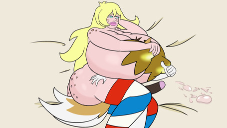 anthro big_breasts bodily_fluids breasts cum cumshot duo ejaculation female fluffy fluffy_tail genital_fluids gesture hand_gesture huge_breasts male pasties size_difference tail thumbs_up white_body bigandbounce boobs_(character) miss_america_(coonskin) canid canine humanoid mammal 16:9 animated hi_res short_playtime sound video widescreen
