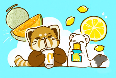 biped black_nose brown_body chibi drinking duo eating eyes_closed feral food fruit lemon melon plant white_body shi_nominmin ailurid mammal mustelid musteline red_panda stoat true_musteline weasel 2023 hi_res
