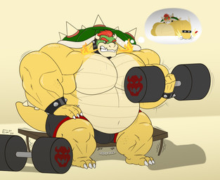 anthro barazoku barefoot belly bench biceps big_belly big_muscles big_pecs bodily_fluids bottomwear bracelet breath_powers bulge claws clenched_teeth clothing collar creaking daydream dumbbell elemental_manipulation emanata exercise extended_sound_effect eyebrows feet fire fire_breathing fire_manipulation furniture_noises glowing glowing_eyes hair hat headgear headwear horn huge_muscles hyper hyper_muscles imagination inside jewelry male mental_pictographics muscular muscular_anthro muscular_male navel onomatopoeia pecs plantigrade punch red_hair shell shorts simple_background sitting solo sound_effect_variant sound_effects spiked_bracelet spiked_collar spiked_shell spiked_tail spikes spikes_(anatomy) sweat tail teeth text thought_bubble weightlifting weights workout eon54 mario_bros nintendo bowser koopa scalie 2022 english_text hi_res pictographics signature