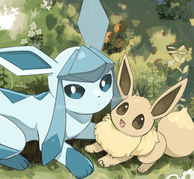 ambiguous_gender blue_body blue_eyes brown_body brown_eyes brown_fur duo feral flower fur grass looking_at_viewer open_mouth paws plant quadruped size_difference tail text three-quarter_view tongue shiznar nintendo pokemon eevee eeveelution generation_1_pokemon generation_4_pokemon glaceon pokemon_(species) 2025 digital_drawing_(artwork) digital_media_(artwork) english_text hi_res shaded simple_shading watermark