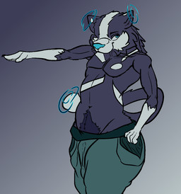 anthro biped blue_body blue_eyes blue_fur bulge cat_tail collarbone detailed_bulge fur genital_outline gesture hand_gesture looking_at_viewer magic male male_anthro markings pecs penis_outline pointing pube_peek pubes slightly_chubby slightly_chubby_male solo white_markings mommydkg crilix_(fursona) domestic_cat felid feline felis mammal black_and_blue hi_res monochrome