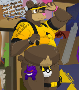 anthro backpack bag bulge casual_exposure clothed clothing convention exhibitionism fluffy hat headgear headwear inside male mega_ring melee_weapon plushie pokeball public public_exposure shirt skimpy solo sword text thong topwear ultra_ball underwear visor_cap weapon wristband conditional_dnp notkastar attack_on_titan nintendo pokemon the_legend_of_zelda willy_(artdecade) bear generation_1_pokemon gengar mammal pikachu pokemon_(species) english_text hi_res