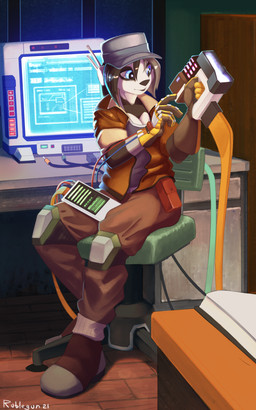 anthro blue_eyes bottomwear breasts brown_bottomwear brown_clothing brown_pants chair clothing computer electronics female fur furniture gloves handwear hat headgear headwear inside jacket knee_pads machine pants plantigrade sitting solo technician topwear wire rublegun mammal 2021 absurd_res hi_res