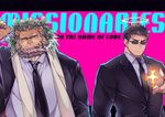 anthro black_hair clothing duo eyewear hair halo male mane muscular muscular_male suit sunglasses text youzora_samo18 lifewonders tokyo_afterschool_summoners arsalan_(tas) zabaniyya_(tas) angel felid human lion mammal pantherine english_text