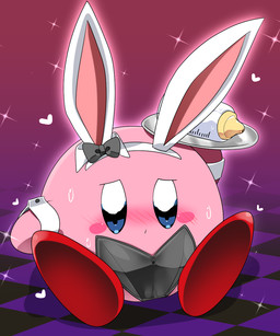 ambiguous_gender baby_bottle blue_eyes blush blush_stickers bodily_fluids bunny_costume clothed clothing costume embarrassed fake_ears fake_rabbit_ears holding_object holding_plate not_furry pattern_background pink_body plate simple_background solo sweat sweatdrop lets0020 kirby_(series) nintendo kirby alien waddling_head 5:6 hi_res