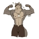 1:1 2024 absurd_res anthro areola armband armpit_tuft biped bottomwear brown_bottomwear brown_clothing brown_nipples bulge canid canine canis chest_tuft clothing cocky cocky_smile eyebrows far_beyond_the_world_(series) flexing flexing_bicep flexing_both_biceps fur green_eyes grey_body grey_fur hi_res jewelry letsudraw looking_at_viewer male mammal multicolored_body muscular muscular_anthro muscular_male neck_tuft necklace nipples ranok_(far_beyond_the_world) seam_(sewing) shirtless simple_background small_nipples solo star tail tan_body tan_fur teeth tuft two_tone_body white_background wolf wristband