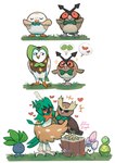 2021 absurd_res ambiguous_gender anthro beak biped blush brown_body brown_feathers budew claws dartrix decidueye duo_focus evolution feathers feral friends generation_1_pokemon generation_2_pokemon generation_4_pokemon generation_7_pokemon grass group heart_symbol hi_res hoothoot leaf morelull nintendo noctowl oddish plant pokemon pokemon_(species) pseudo_clothing red_sclera rowlet selinaeagle signature simple_background standing toe_claws tree_stump white_background white_body white_feathers wings