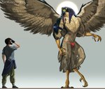 anthro beard bulge clothed clothing duo facial_hair halo male scuted_arms scuted_legs scutes size_difference topless underwear birdrandomart egyptian_mythology middle_eastern_mythology mythology ra avian bird deity falcon falconid human mammal peregrine_falcon