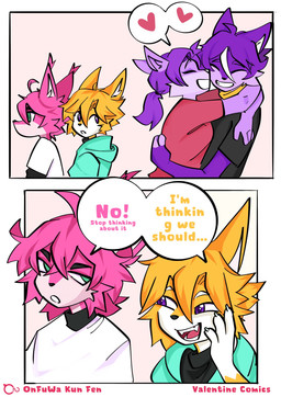anthro dialogue duo eyebrows eyes_closed female fur hair heart_symbol holidays hug hugging_another love male male/female male/male multicolored_body multicolored_fur pink_body pink_fur simple_background smile speech_bubble tongue kunfen valentine's_day lemon_(kunfen) canid canine canis fox mammal wolf comic hi_res