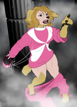 breasts brown_body brown_fur brown_hair clothing column female fingerpads fog fur gesture green_eyes hair hand_gesture looking_up mid_transformation open_mouth pawpads pink_clothing pointing pointing_up solo species_transformation standing tail transformation halcy0n power_rangers power_rangers_lightspeed_rescue dana_mitchell canid canine canis domestic_dog human mammal 2025 digital_media_(artwork) hi_res