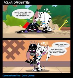 2_panel_comic black_body black_fur black_spots buried comforting duo female feral fur gloom_lines half-closed_eyes hug inside male markings narrowed_eyes outside partially_buried pink_eyes sad sand speech_bubble spots spotted_body spotted_fur text white_body white_fur white_spots young danukistudio 101_dalmatian_street 101_dalmatians disney dante_(101_dalmatians) dolly_(101_dalmatians) canid canine canis dalmatian domestic_dog mammal absurd_res comic english_text hi_res brother_(lore) brother_and_sister_(lore) sibling_(lore) sister_(lore)