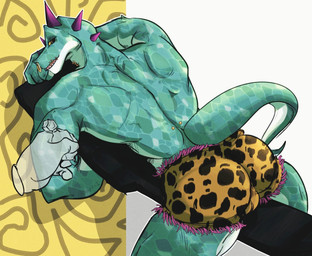 ambiguous_gender anthro bottomwear brown_bottomwear brown_clothing brown_shorts clothed clothing facial_piercing green_body green_scales head_spikes lying male male_anthro medical_instrument mouth_piercing muscular muscular_anthro muscular_male neck_piercing non-furgonomic nose_piercing pattern_clothing piercing purple_spikes scales scientific_instrument shorts solo spikes spikes_(anatomy) spots spotted_clothing surgical_instrument tail tattoo_machine topless topless_anthro topless_male yellow_sclera oguuxi goat_(movie) sony_corporation sony_pictures modo_olachenko komodo_dragon lizard monitor_lizard reptile scalie 2026 digital_media_(artwork) hi_res