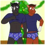 1:1 anthro blake_jackson blue_clothing blue_eyes blue_shirt blue_topwear blue_underwear border briefs bulge christmas christmas_tree clothing duo equid equine father_(lore) father_and_child_(lore) father_and_son_(lore) fuze hi_res holidays horse inside male mammal matching_clothing matching_outfits matching_underwear parent_(lore) parent_and_child_(lore) parent_and_son_(lore) pattern_clothing pattern_underwear plant sam_jackson shirt son_(lore) story story_in_description t-shirt texnatsu topwear tree underwear white_border