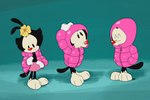 accessory animaniacs anthro barefoot black_body black_fur clothed clothing coat digital_media_(artwork) dot_warner feet female flower fur gloves hair hair_accessory handwear headgear headwear hi_res inkblot leogcady mammal plant rain_coat red_nose simple_background smile tail topwear warner_brothers watermark winter_coat young