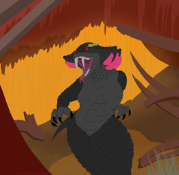 anthro black_body black_claws black_fingernails black_nails black_scales bottomless bottomless_anthro bottomless_female breasts casual_nudity claws clothed clothing colored_nails fangs featureless_breasts featureless_chest female female_anthro fingernails forked_tongue genitals grey_body grey_scales looking_at_viewer nails nude open_mouth open_smile pink_frill pupils red_eyes rotten_vale scales sharp_teeth slit_pupils smile solo teeth tongue tongue_out vulva therealmessyroomguy1 capcom monster_hunter fanged_wyvern girros great_girros hi_res