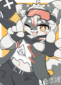 4_fingers anthro belt black_outline blush blush_lines border bottomwear clothing cute_fangs daww eyewear eyewear_on_head fangs fingerless_gloves fingers fur gesture gloves goggles goggles_on_head grey_body grey_fur hair hand_gesture handwear hoodie inner_ear_fluff kemono looking_at_viewer male multicolored_body multicolored_fur one_eye_closed open_mouth orange_background outline print_clothing print_shirt print_topwear scarf shirt shorts simple_background solo teeth text text_on_clothing text_on_shirt text_on_topwear tongue tongue_out toony topwear tuft white_body white_border white_fur white_hair wink winking_at_viewer yellow_eyes mujimuji1010 zinosama canid canine canis domestic_dog mammal 2024 cel_shading chinese_text commissioner_name digital_drawing_(artwork) digital_media_(artwork) hi_res shaded