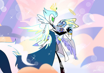 4_wings back_wings blue_body blue_eyes blue_hair blue_skin crown digitigrade disembodied_wings duo eye_contact feathered_wings feathers floating_wings flower_accessory green_eyes grin hair halo hand_holding headgear horn long_tail looking_at_another male male/male multi_wing size_difference smile sparkles tail tail_feathers unusual_anatomy unusual_wings wings emositecc hellaverse helluva_boss blitzo_(helluva_boss) stolas_(helluva_boss) angel angel_humanoid avian bird humanoid owl colored