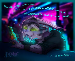 3_fingers black_clothing blue_markings blush claws clothing drunk fingers front_view glowing glowing_eyes grey_claws half-closed_eyes inside light markings narrowed_eyes nightclub photo_background purple_body shirt sitting substance_intoxication text topwear white_markings raiyk bioware electronic_arts mass_effect fan_character loganhen alien turian colored digital_media_(artwork) english_text photography_(artwork) shaded