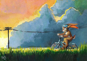 anthro armor bicycle brown_body brown_fur closed_smile cloud fur headgear helmet long_ears looking_up male mouth_closed nude orange_sky side_view sitting sky smile solo vehicle white_body white_fur young young_anthro young_male pandapaco lagomorph leporid mammal rabbit