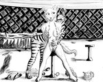 anthro bodily_fluids clothing duo female female/female fingers footwear fur genital_fluids genitals high_heels mask nude pussy shoes striped_body striped_fur stripes vaginal_fluids bsan94 beastars utsugi_(beastars) canid canine canis equid equine jackal mammal zebra black_and_white hi_res monochrome