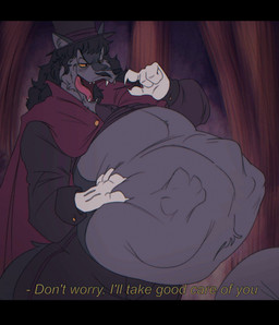 abdominal_bulge anthro belly big_belly black_bars black_hair cape clothing dialogue fake_screencap fangs fur grey_body grey_fur hair hat headgear headwear huge_belly male male_pred open_mouth prey_outline same_size_vore struggling struggling_prey teeth text tongue toothpick top_hat vore yellow_sclera indigested_omelette renargne_(indigested_omelette) canid canine canis mammal wolf english_text hi_res letterbox